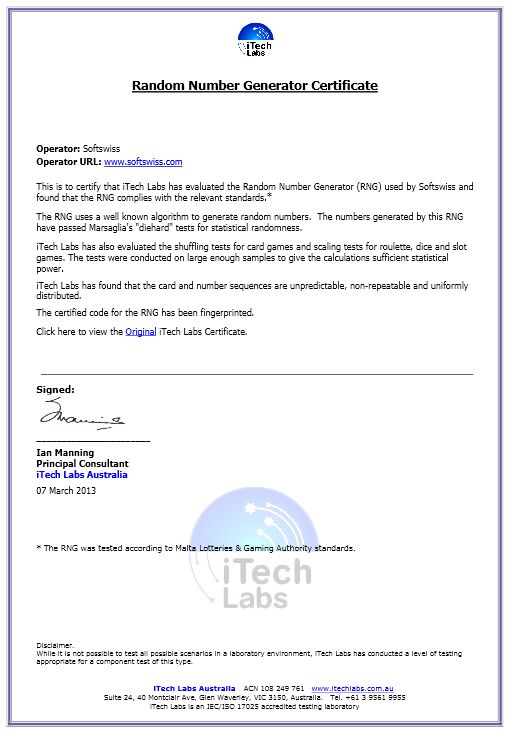 Softswiss certified by Itech Labs